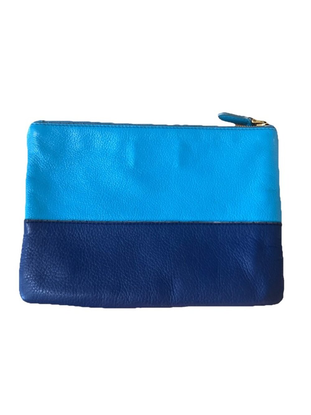 J CREW Blue and Aqua 100% Genuine Leather Cosmetic Makeup Zip Pouch Bag Case